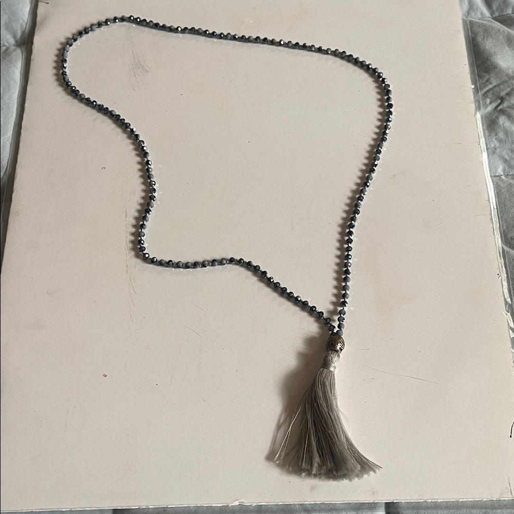 Elegant Gray Beaded Necklace with Tassel